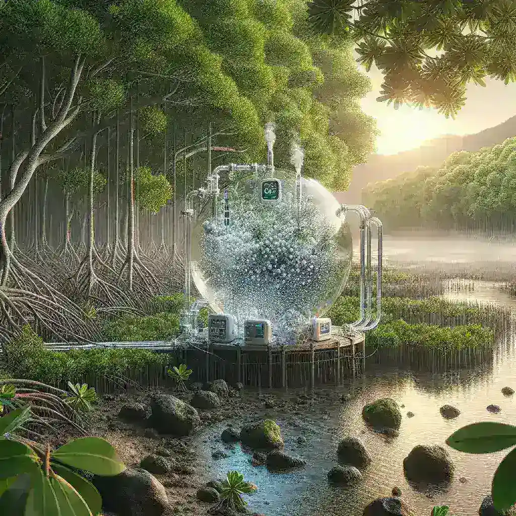 "Ilustrasi implementasi teknologi penangkapan karbon untuk restorasi mangrove, menunjukkan alat dan metode inovatif dalam pengelolaan ekosistem pesisir yang berkelanjutan."