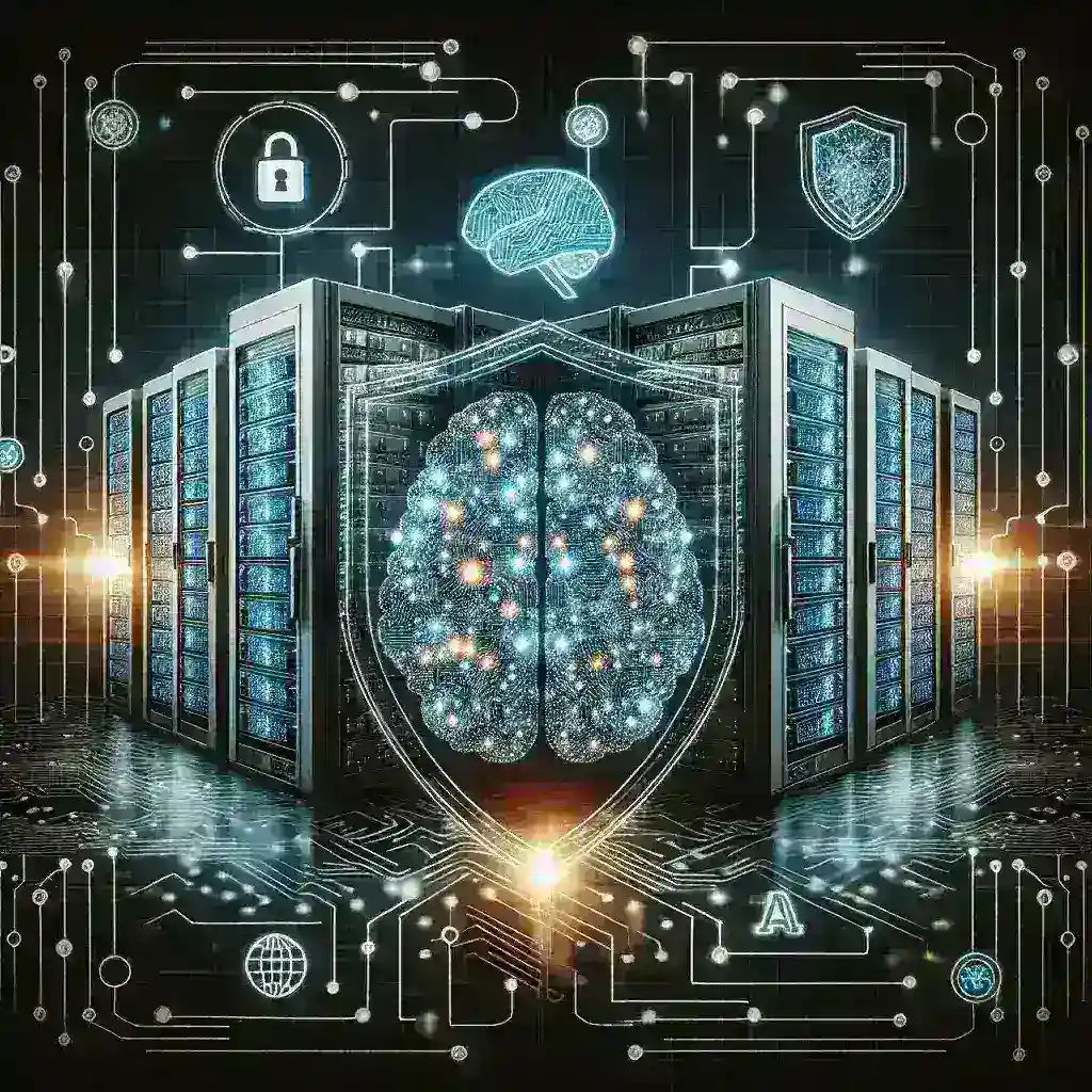 "Integrasi Keamanan Siber di Pusat Data AI Nasional: Ilustrasi jaringan keamanan digital yang melindungi data AI dengan sistem pertahanan canggih."
