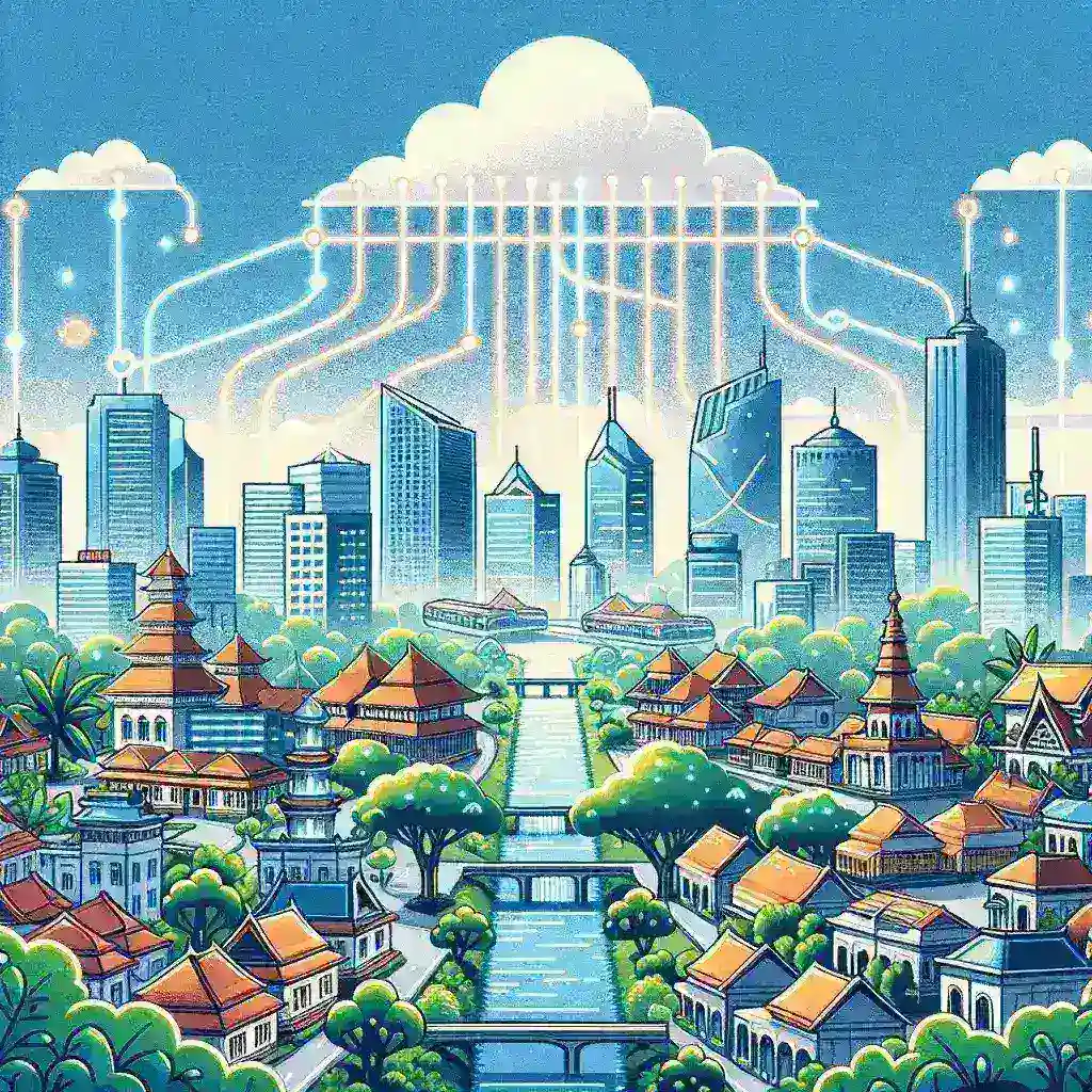 **Alt text:** "Ilustrasi pemerintah Surabaya mengumumkan program pilot digital di cloud, menampilkan pusat data dan teknologi modern yang mendukung transformasi digital."
