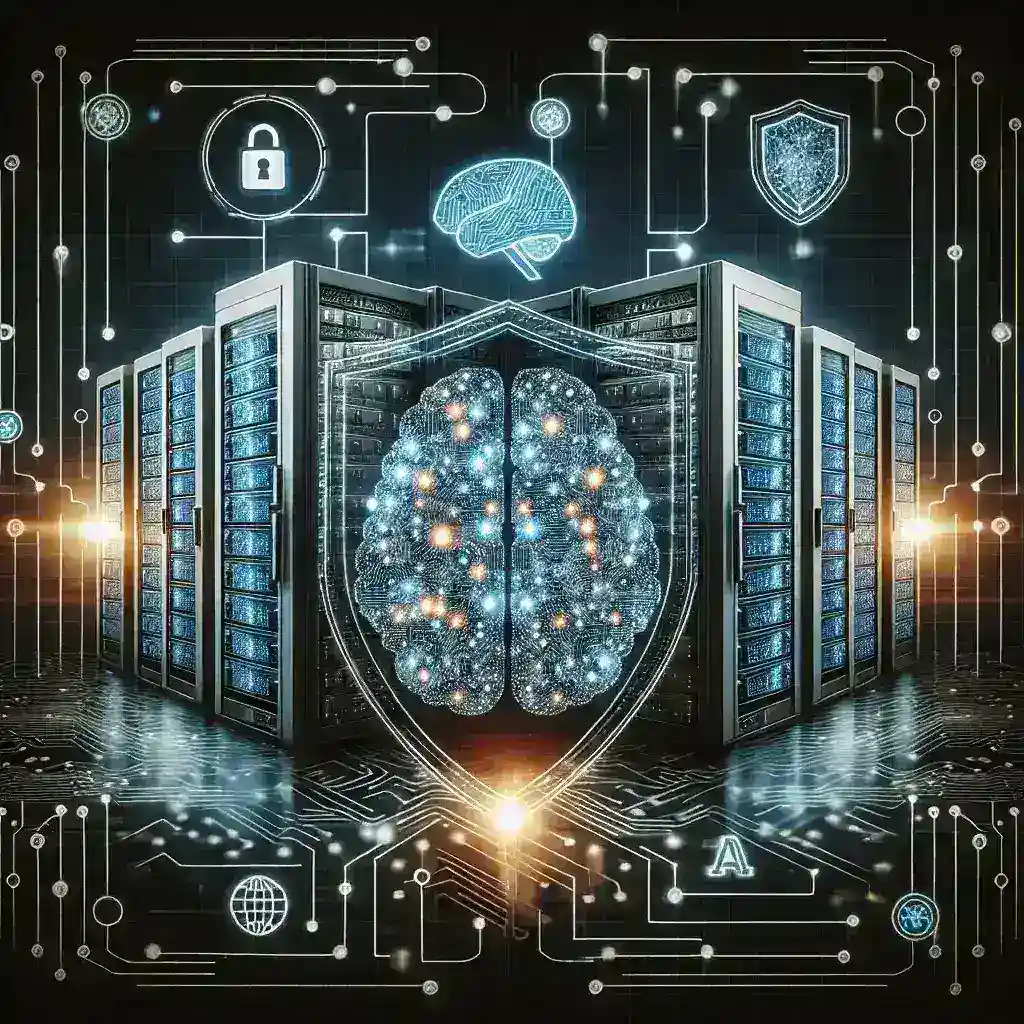 "Integrasi Keamanan Siber di Pusat Data AI Nasional: Ilustrasi jaringan keamanan digital yang melindungi data AI dengan sistem pertahanan canggih."