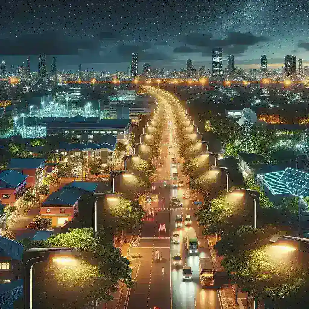 "Smart energy-efficient city lighting system launched in Kota Denpasar, showcasing modern streetlights illuminating urban spaces, enhancing safety and sustainability."