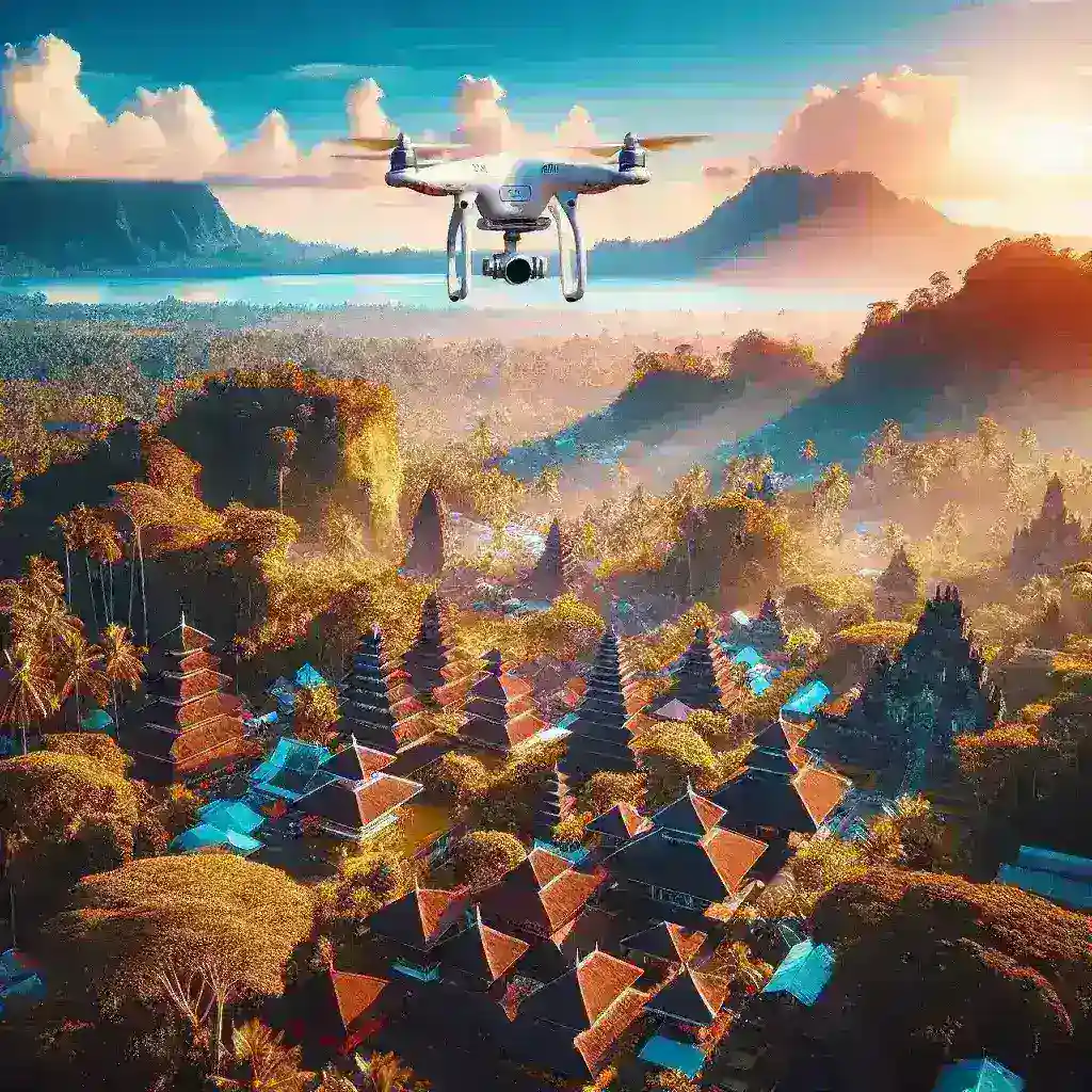 "Drone soaring over a scenic tourist destination as Kominfo prepares special regulations for drone usage in tourism areas."