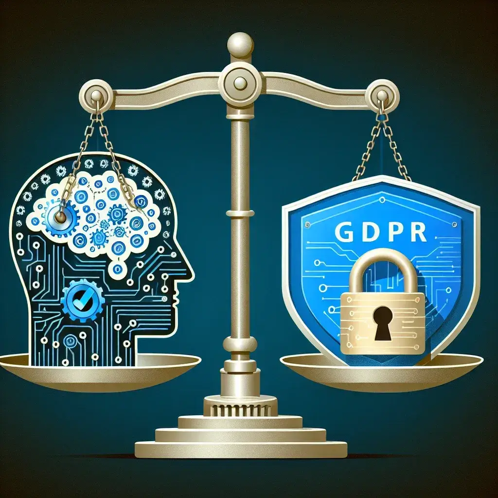 "Ilustrasi Chatbot AI yang Menjalani Penilaian Risiko sesuai Standar GDPR, Menunjukkan Pentingnya Kepatuhan Data dan Perlindungan Privasi Pengguna."